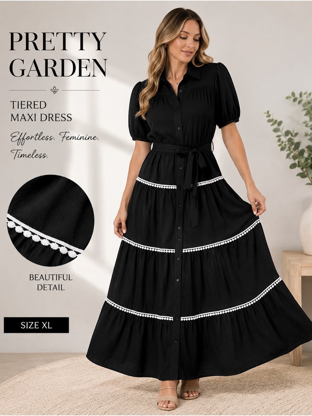 PRETTYGARDEN Black Maxi Dress XL Tiered Button Front Puff Sleeve Belted Boho